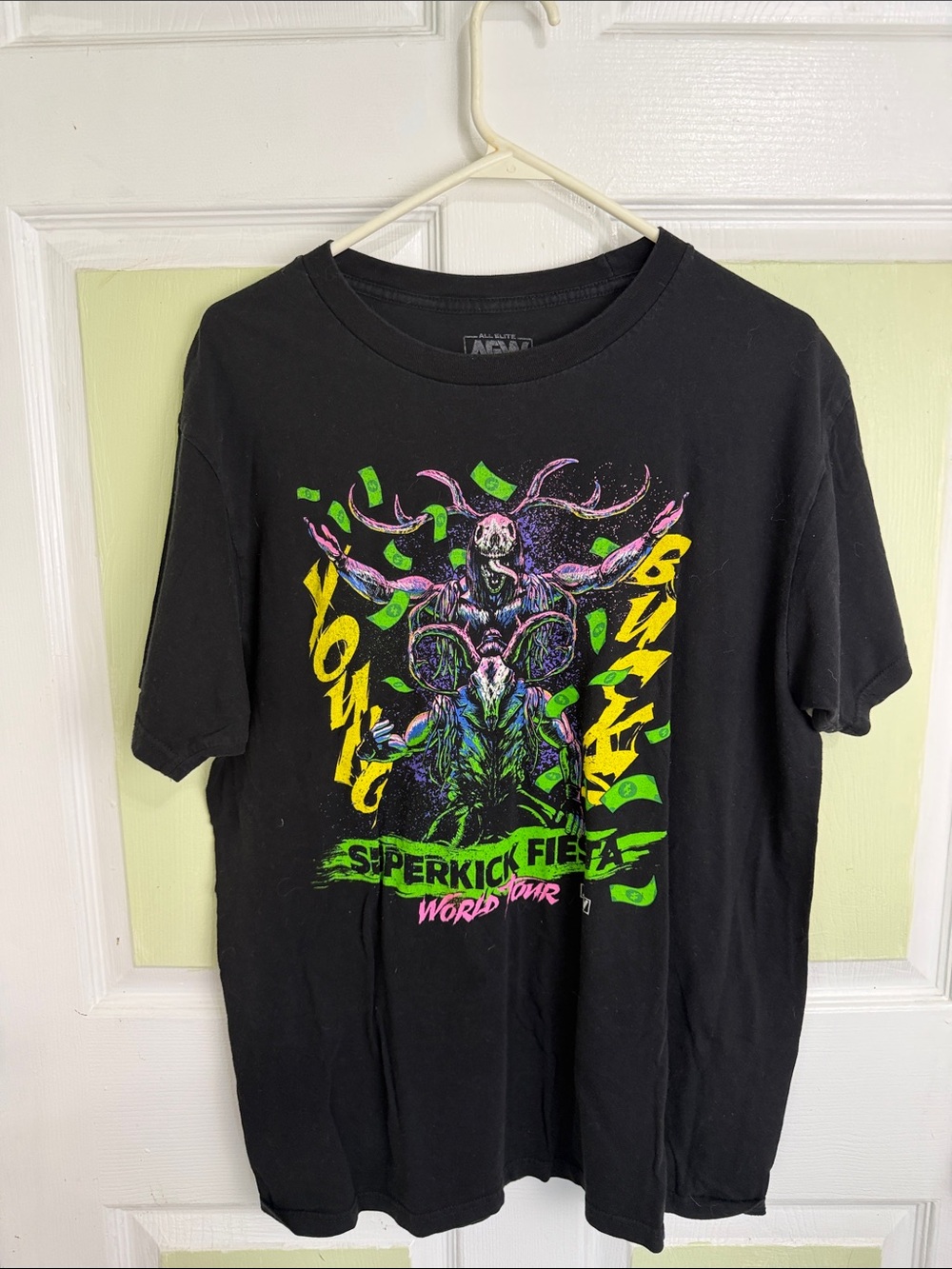 (2212) Red Black Short Sleeve Graphic Tee with Neon Green and Yellow Print